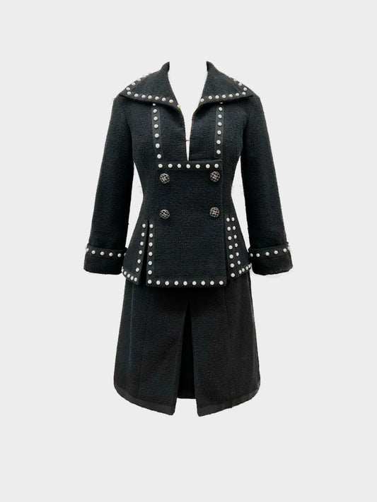 Chanel 2013 Black Cotton Tweed Pearl Studded Jacket and Skirt Set