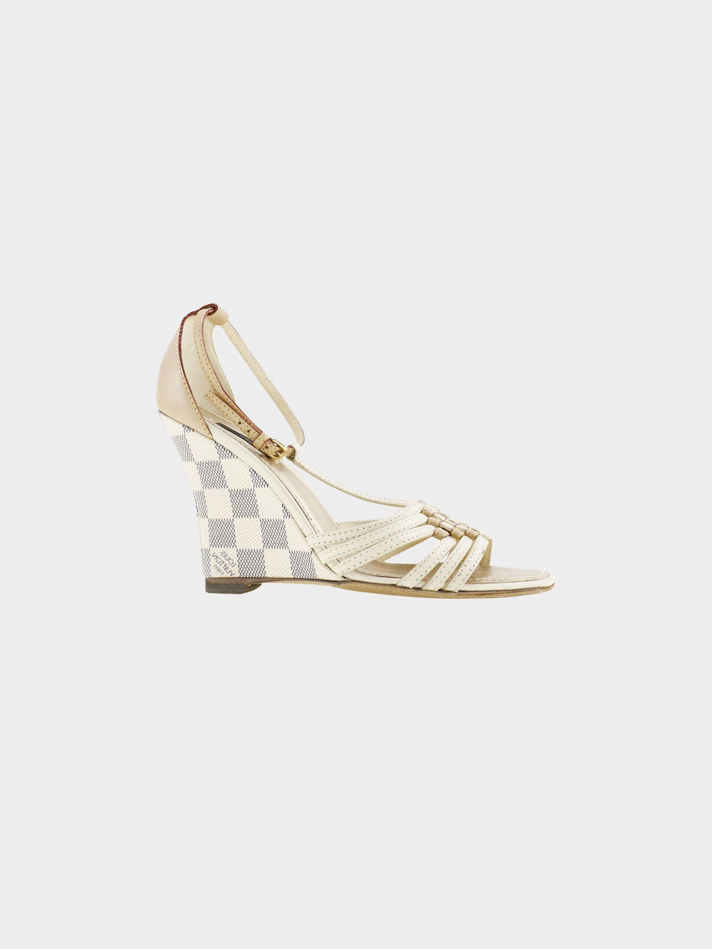 Louis Vuitton 2008 White Leather and Damier Azur Coated Canvas Wedge Sandals