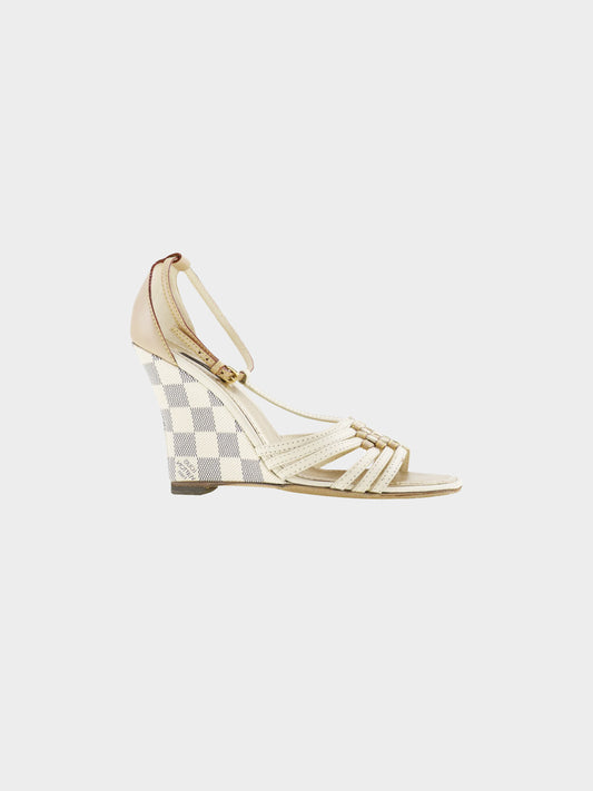 Louis Vuitton 2008 White Leather and Damier Azur Coated Canvas Wedge Sandals