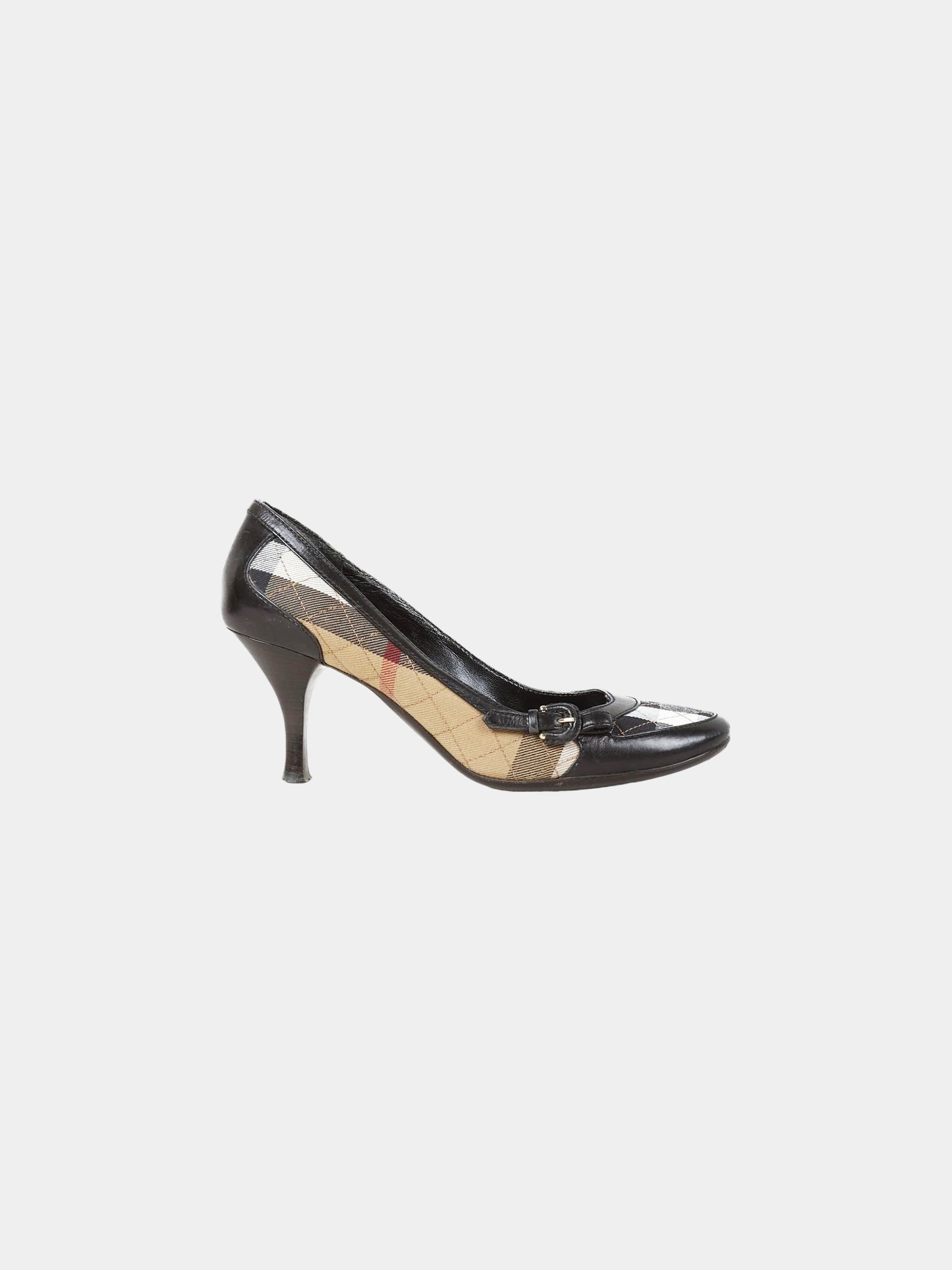 Burberry 2000s Black Leather and Check Canvas Pumps
