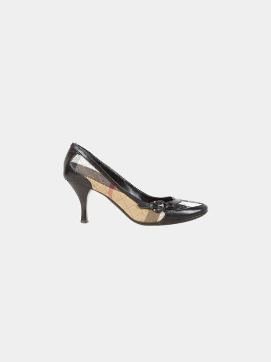 Burberry 2000s Black Leather and Check Canvas Pumps