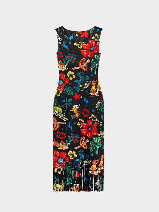 Issey Miyake Pleats Please 2000s Hawaiian Print Fringed Dress