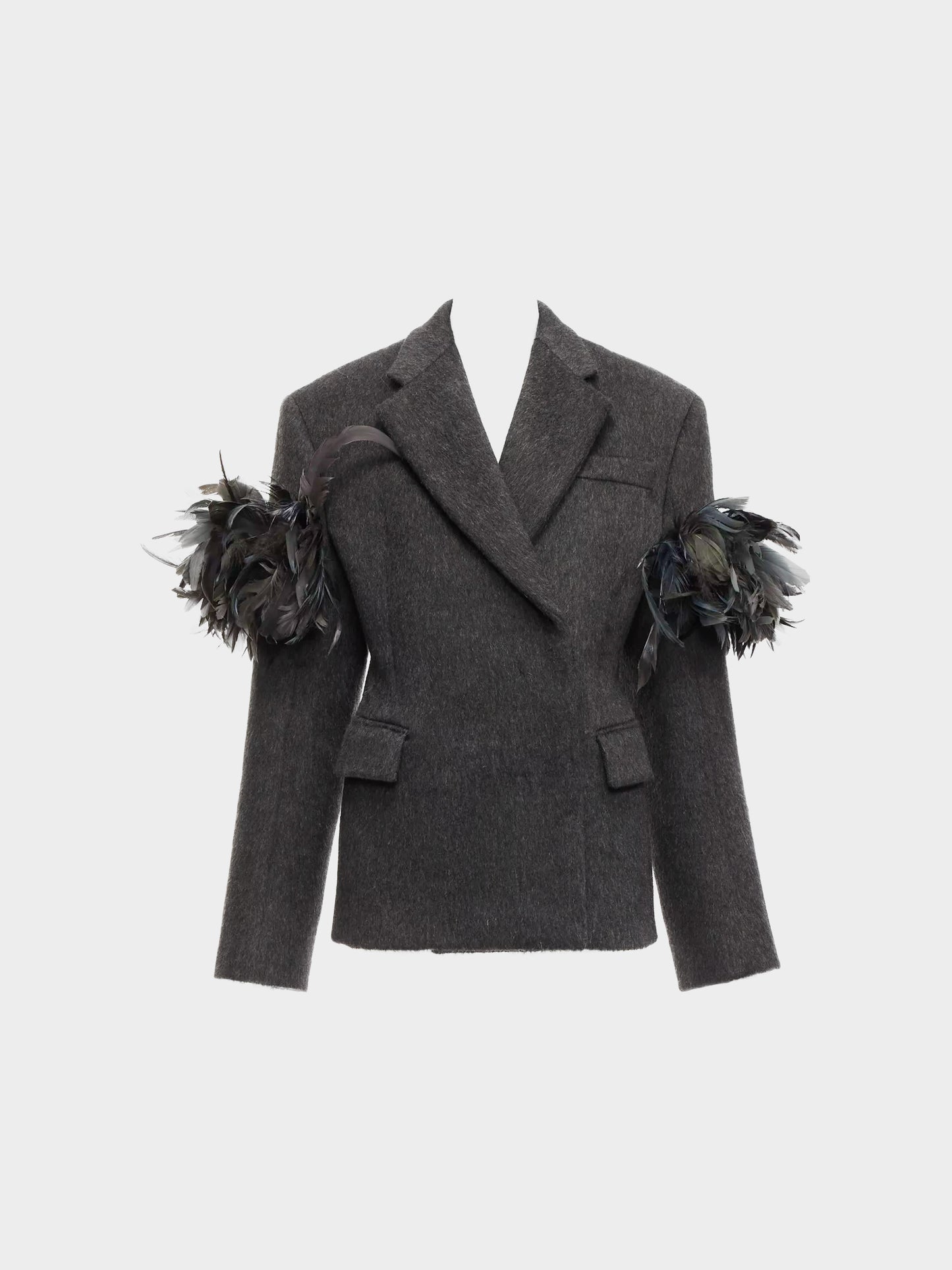 Prada FW 2022 Runway Slate Grey Virgin Wool And Feathers Double-Breasted Jacket