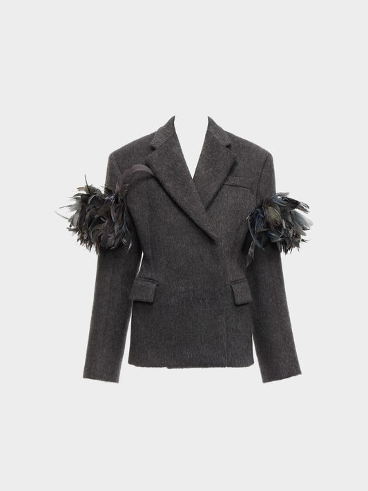 Prada FW 2022 Runway Slate Grey Virgin Wool And Feathers Double-Breasted Jacket
