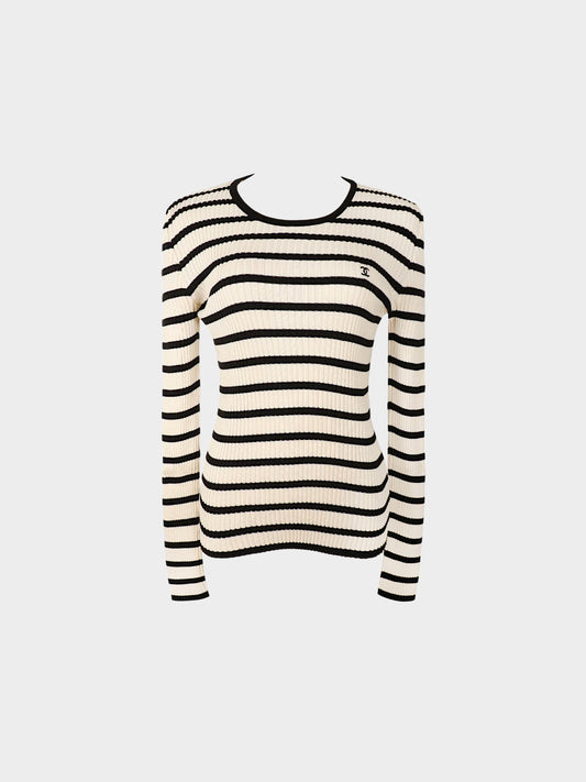 Chanel 1998 Beige and White Striped Ribbed Logo Sweater