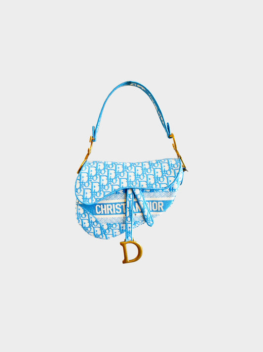 Christian Dior 2021 Cornflower Blue Oblique Embroidery Saddle Bag