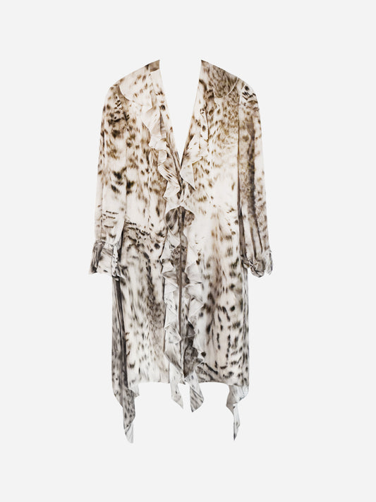 Blumarine SS 2023 Beige Animal Print Ruffled Silk Chiffon Dress