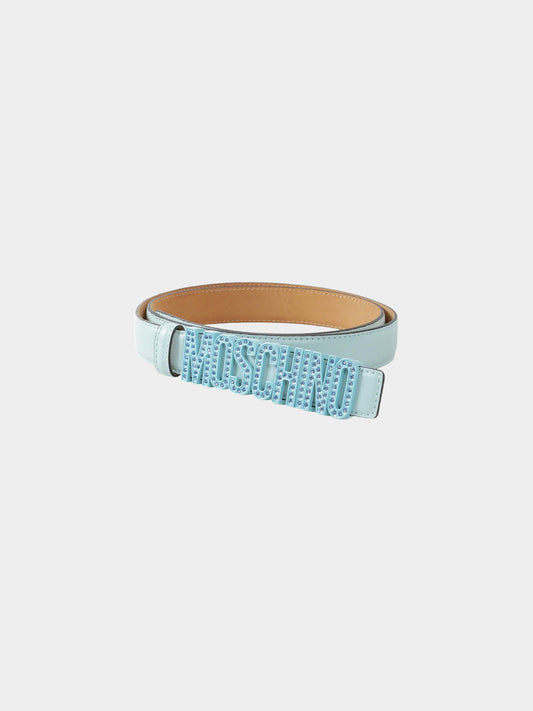 Moschino 2020s Light Blue Calfskin Leather Crystal Embellished Logo Belt