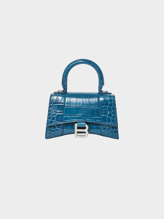 Balenciaga 2022 Deep Teal Croc-embossed Leather XS Hourglass Bag