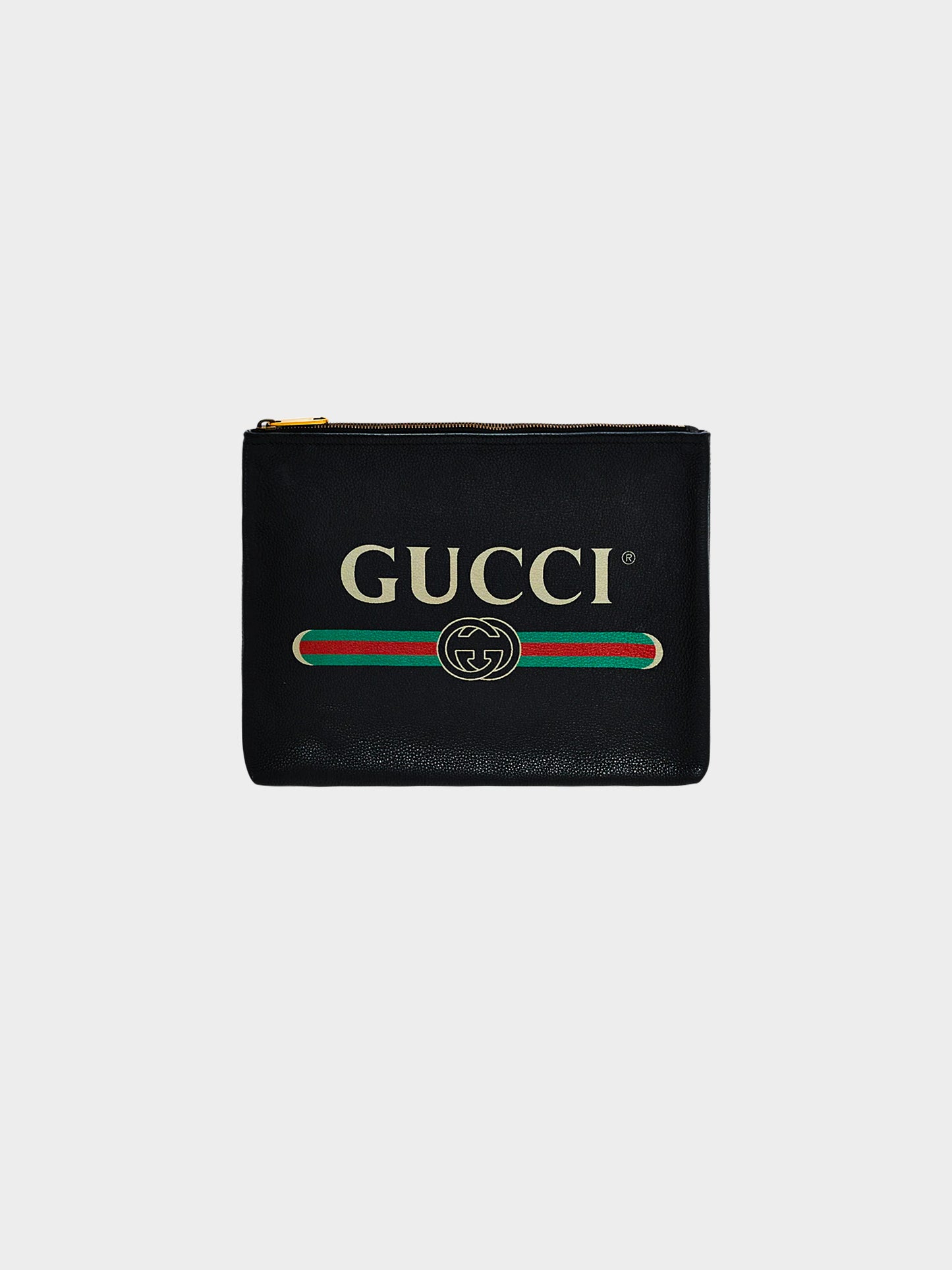 Gucci 2010s Black Leather Logo and Web Clutch