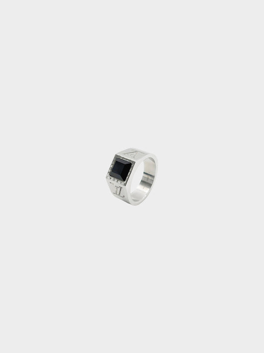 Louis Vuitton 2020s Silver Monogram Engraved Onyx Signet Ring
