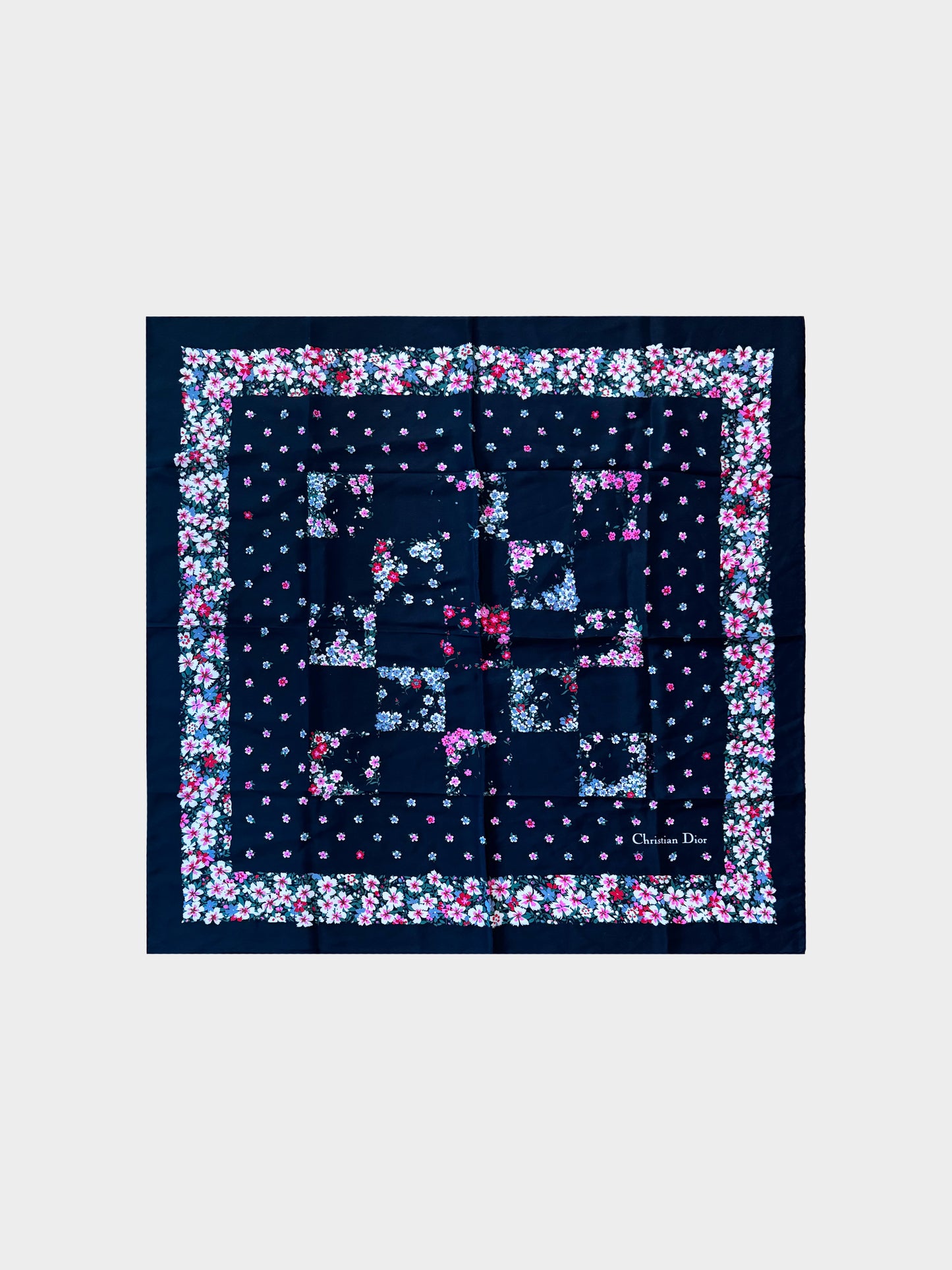 Christian Dior 2000s Navy Floral Print Silk Scarf