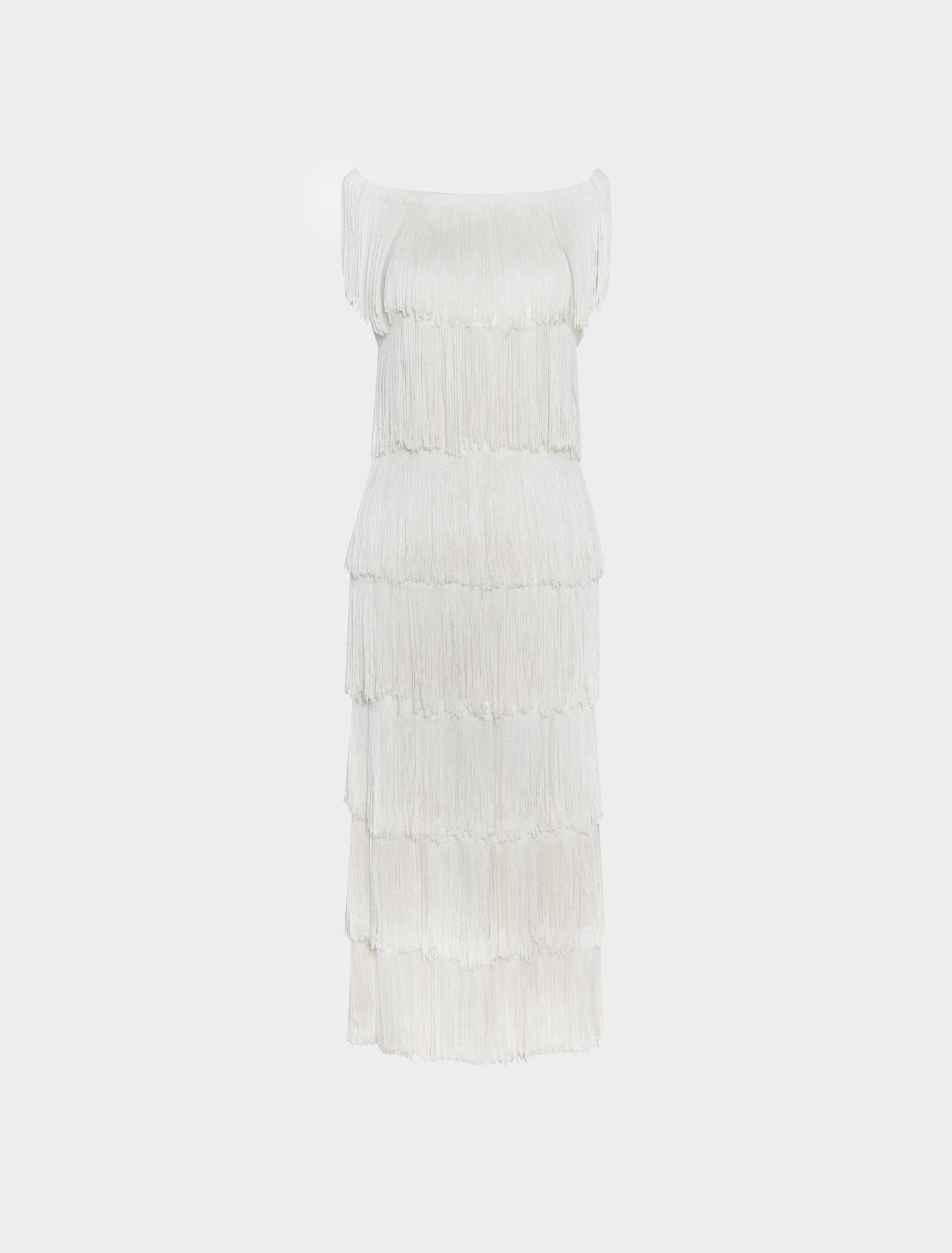Loris Azzaro 1970s White Silk Knit Fringed Tiered Dress