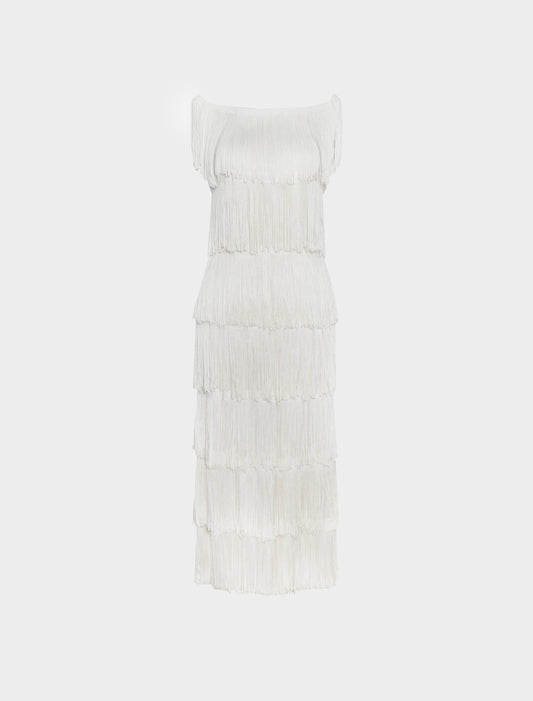Loris Azzaro 1970s White Silk Knit Fringed Tiered Dress