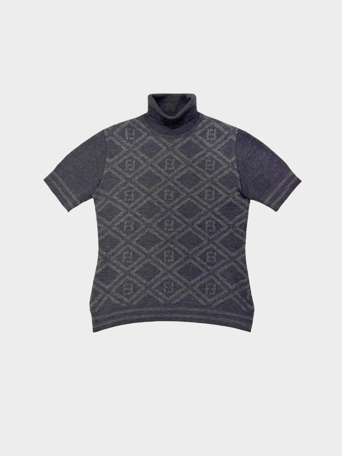 Fendi 2000s Grey Merino Wool FF and Diamond Intarsia Knit Top