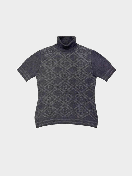 Fendi 2000s Grey Merino Wool FF and Diamond Intarsia Knit Top