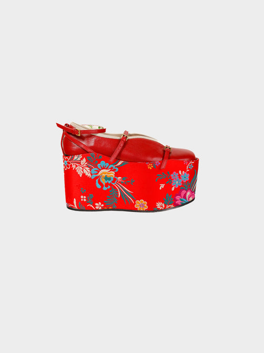 Gucci SS 2017 Runway Hannelore Detachable Red Leather Flats and Floral Embroidered Silk Platforms