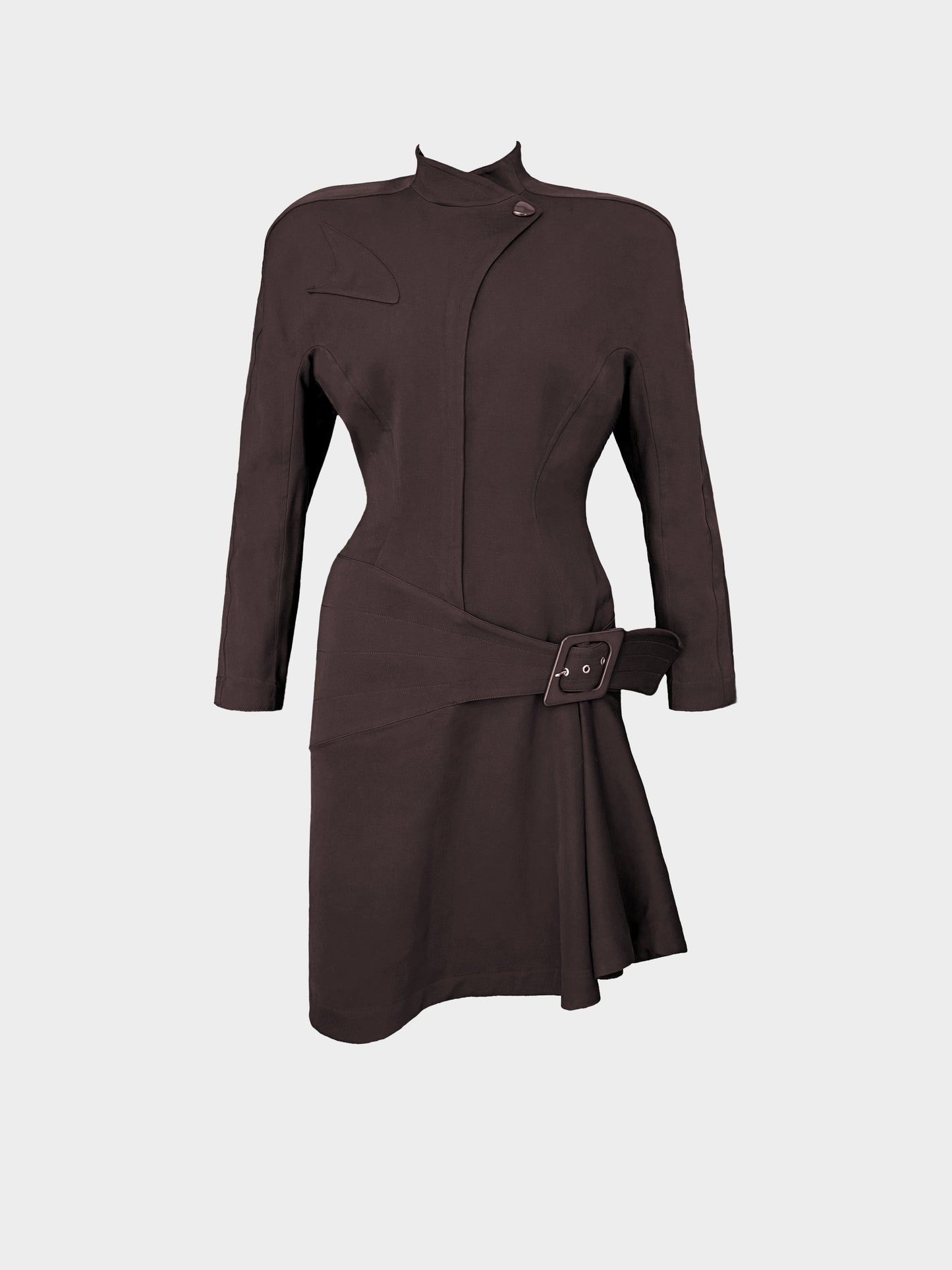 Thierry Mugler 1990s Dark Brown Wool Asymmetrical Belted Dress