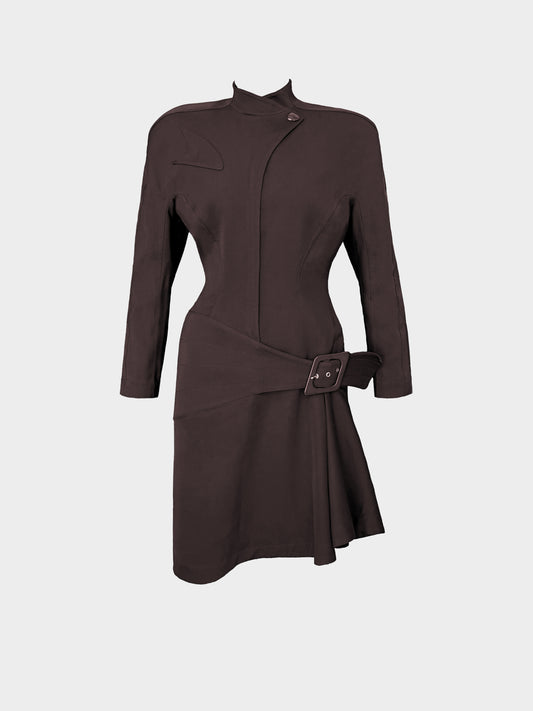 Thierry Mugler 1990s Dark Brown Wool Asymmetrical Belted Dress