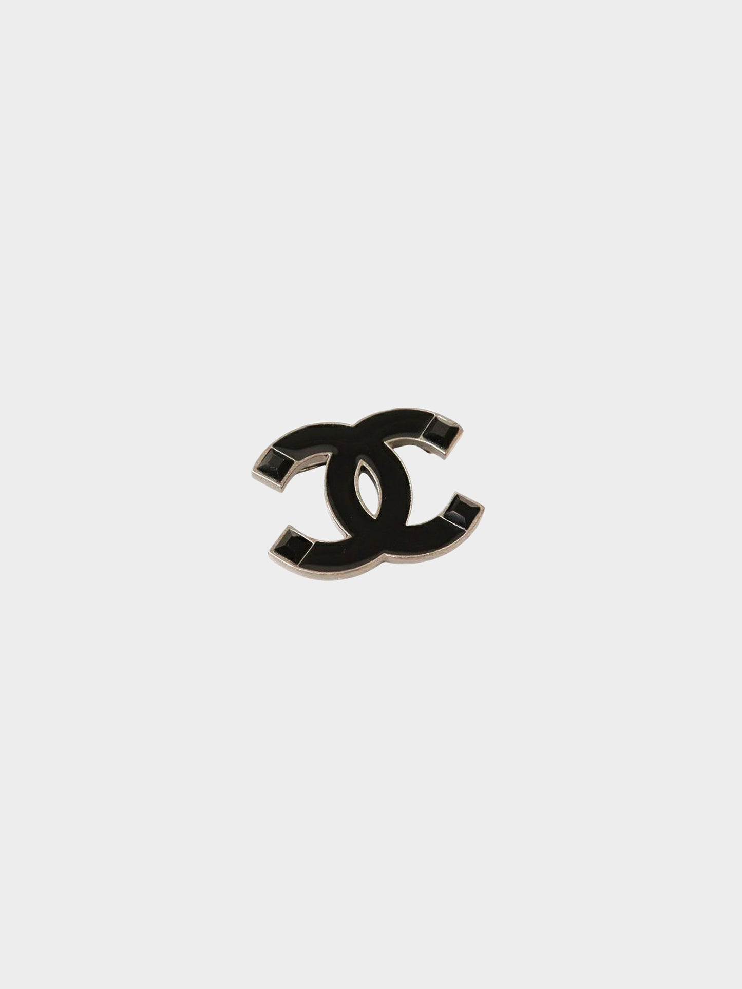 Chanel 2000s Black Enamel Rhinestone Embellished CC Brooch