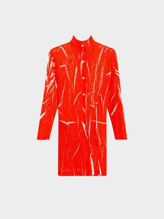 Issey Miyake 1990s Red Speckled Abstract Print Crinkle-Effect Pleated Jacket