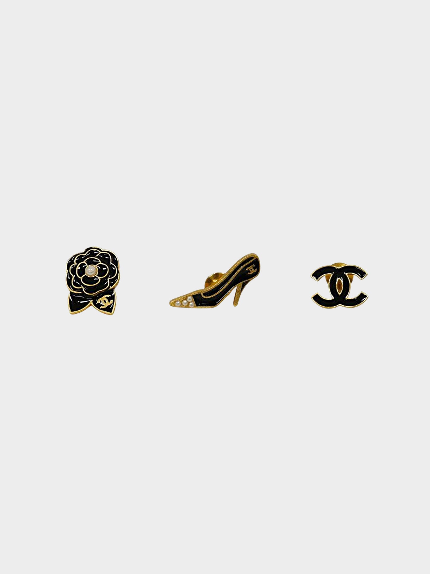 Chanel 2002 Gold and Black Enamel Heels, Camellia Flower, and CC Pin Set