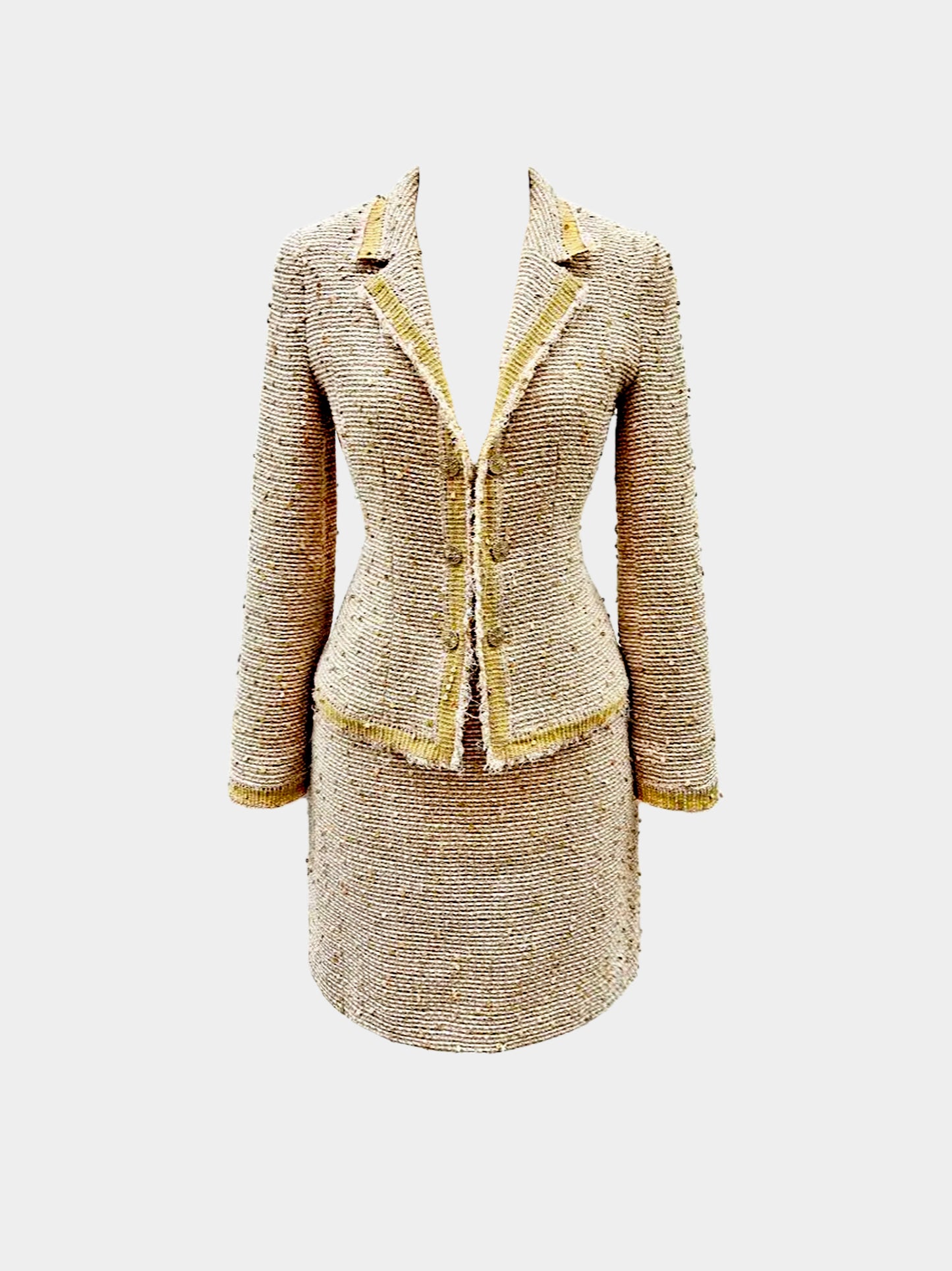 Chanel FW 2004 Gold Tweed Sequin Embellished Jacket and Skirt Set