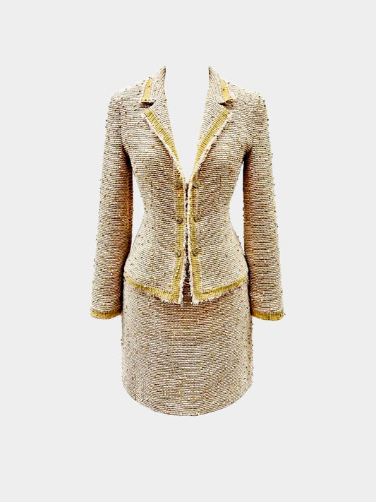 Chanel FW 2004 Gold Tweed Sequin Embellished Jacket and Skirt Set