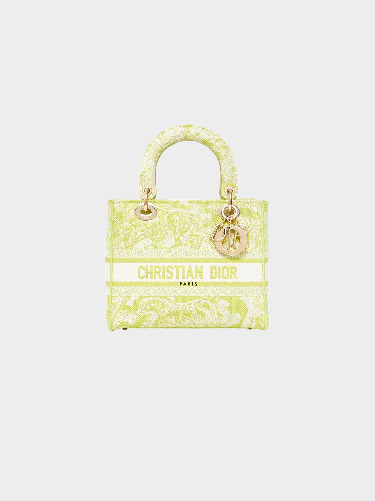 Christian Dior 2020 Lime Green Toile De Jouy Canvas Medium Lady D-Lite Bag