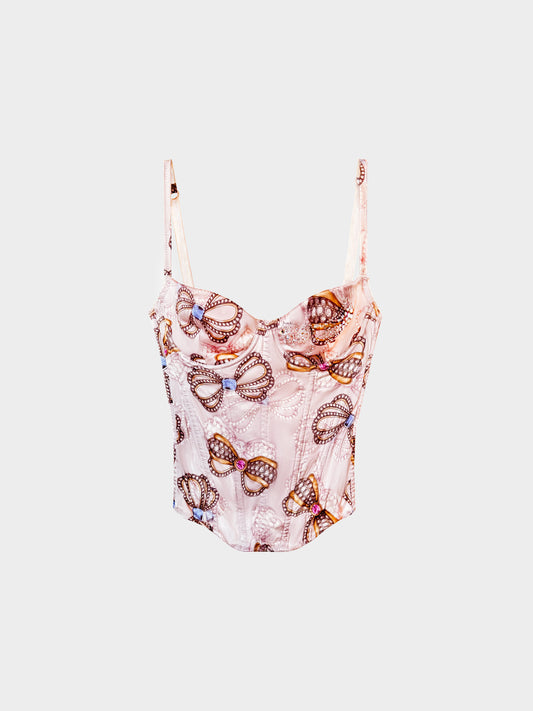Blumarine 2000s Light Pink Satin Rhinestone Embellished Printed Corset