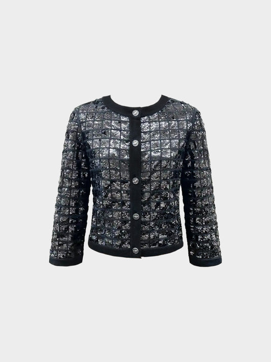 Chanel 2008 Black Cashmere Sequin Embellished Chocolate Bar Cardigan