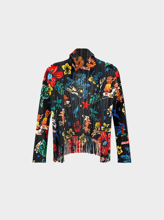 Issey Miyake Pleats Please 2000s Hawaiian Print Fringed Cardigan