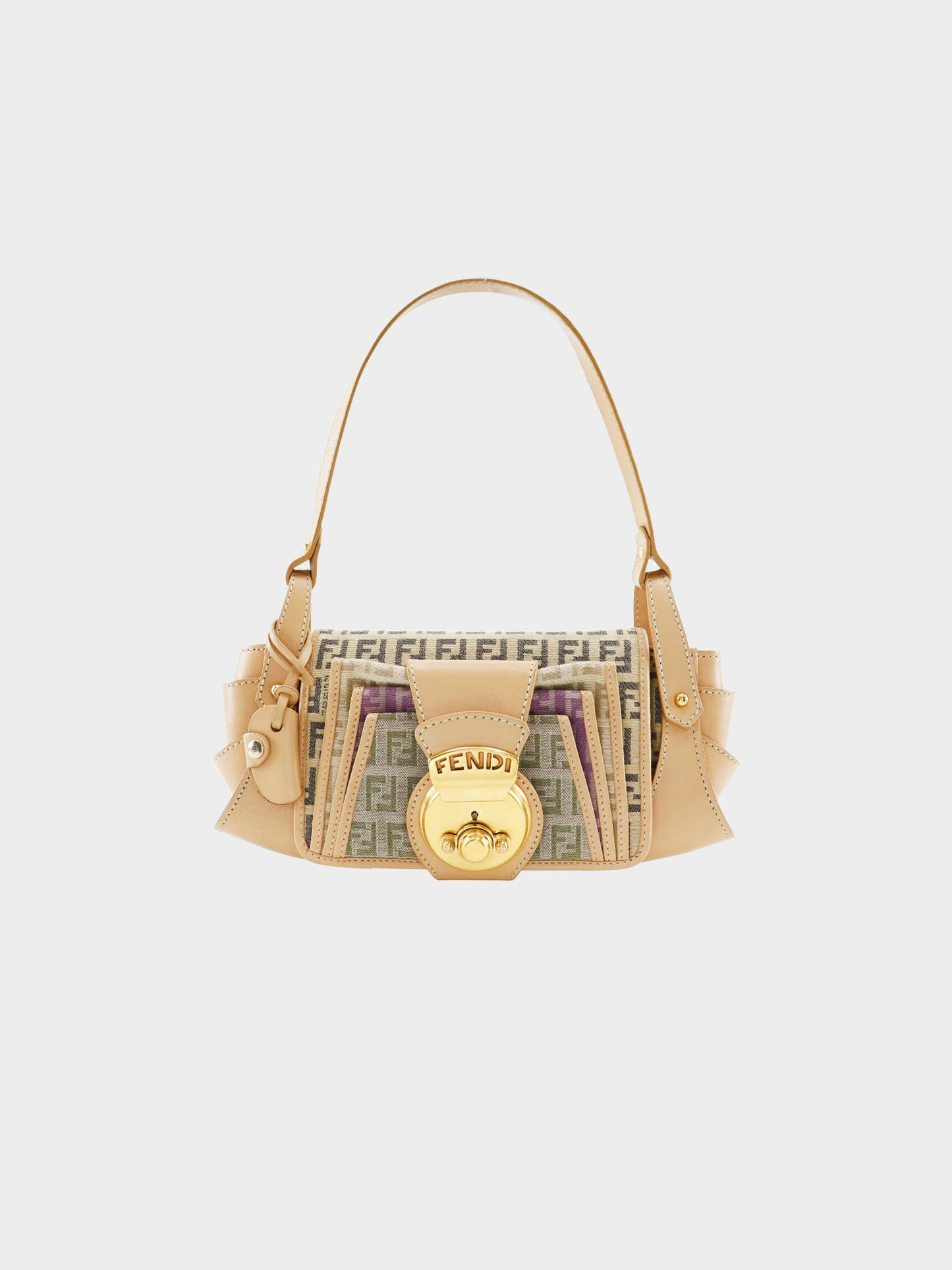 Fendi 2004 Beige Calfskin Leather and Zucchino Canvas Bag