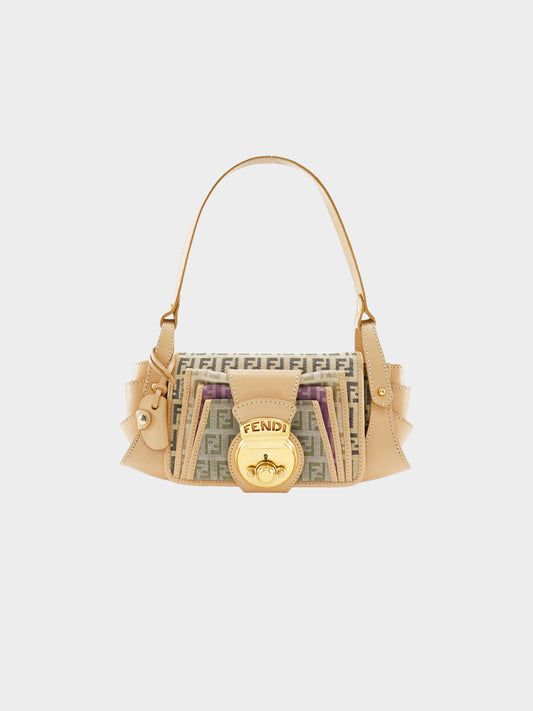 Fendi 2004 Beige Calfskin Leather and Zucchino Canvas Bag