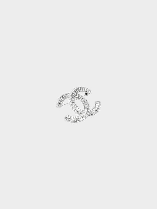 Chanel 2000s Silver Baguette Crystal Embellished CC Brooch