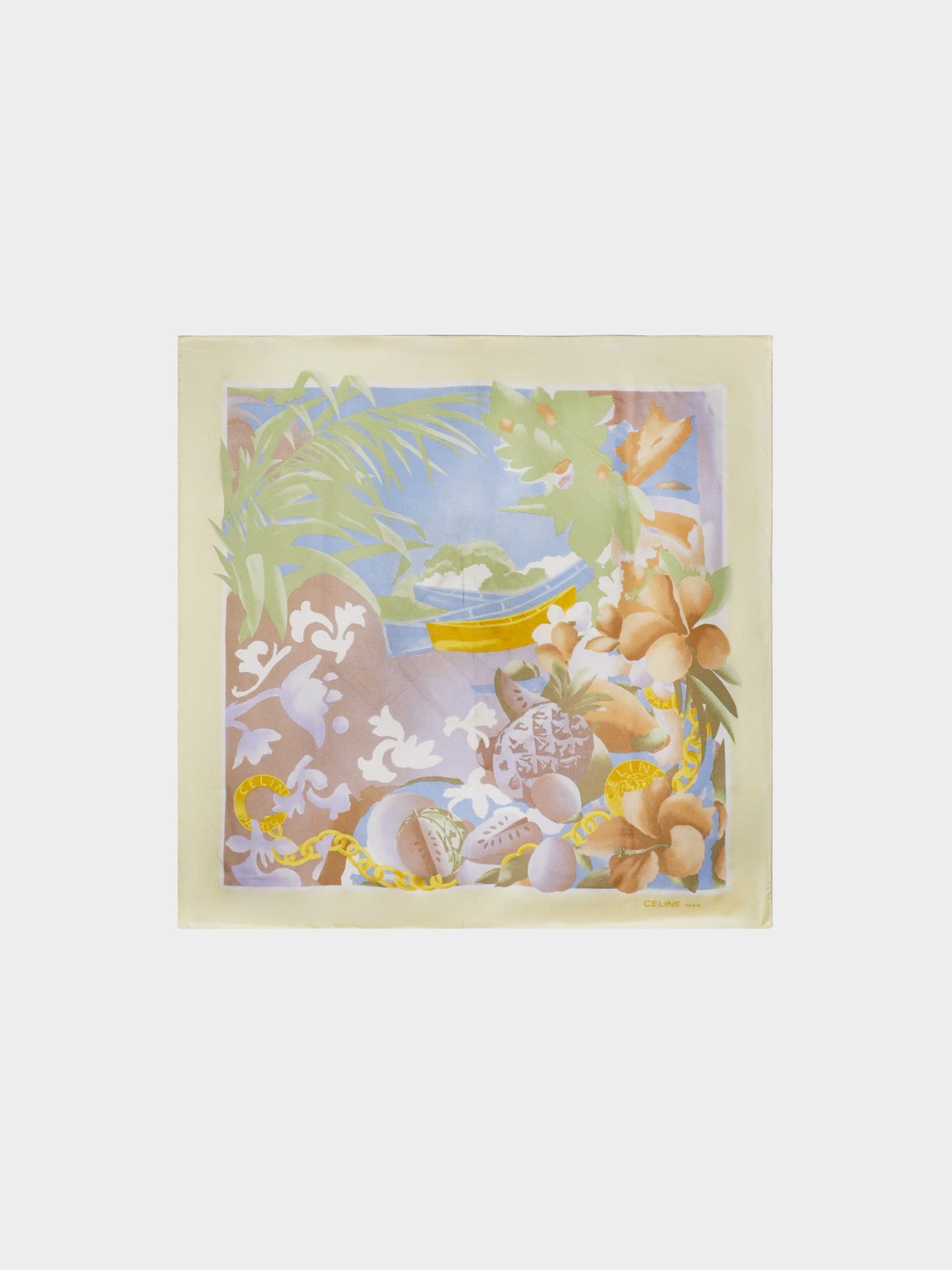 Celine 1980s Tropical Print Silk Scarf