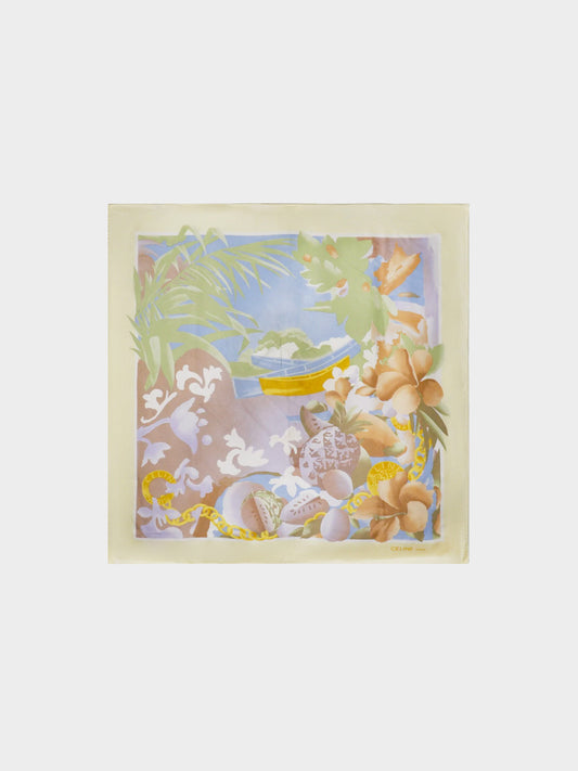Celine 1980s Tropical Print Silk Scarf