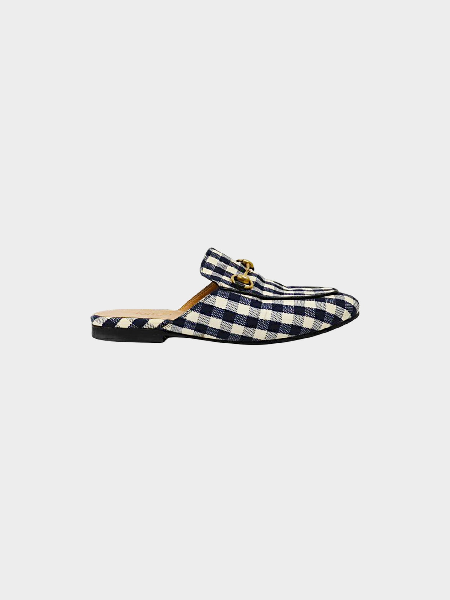 Gucci 2010s Navy and White Gingham Princetown Slippers