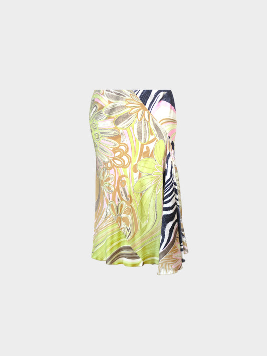 Roberto Cavalli 2000s Floral and Zebra Multi Print Ruffled Silk Skirt