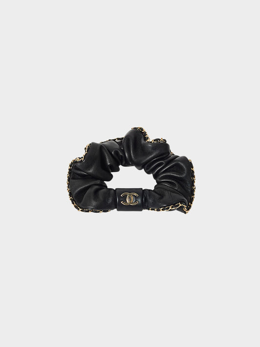 Chanel 2021-2022 Black Leather Chain Scrunchie