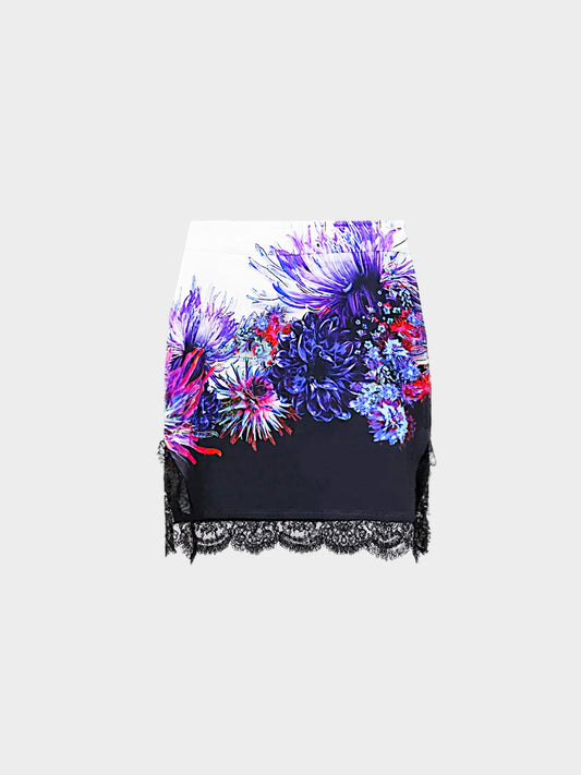 Roberto Cavalli 2010s Floral Print Lace Trim Skirt