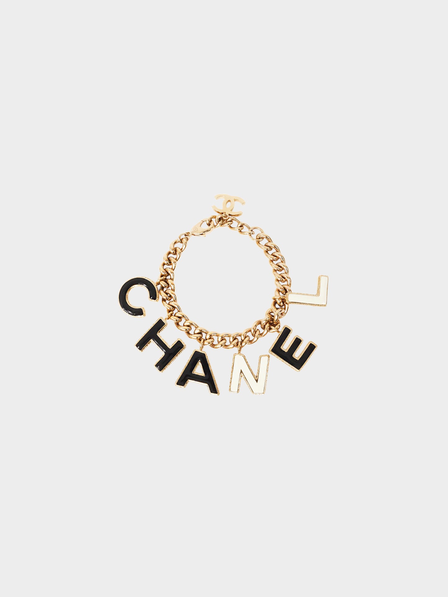 Chanel 2020s White and Black Enamel Logo Lettering Charms Chain Bracelet