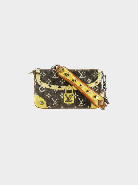 Louis Vuitton FW 2004 Rare Brown Velvet and Yellow Alligator Leather Trompe L'oeil Pochette Bag
