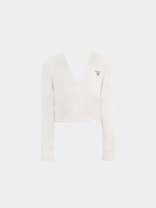 Prada 2010s White Intarsia-Knit Logo Cardigan