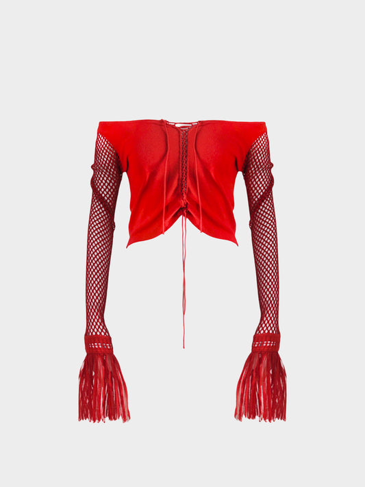 Jean Paul Gaultier 2000s Red Ribbed Crochet Net Sleeves with Tulle Cuffs