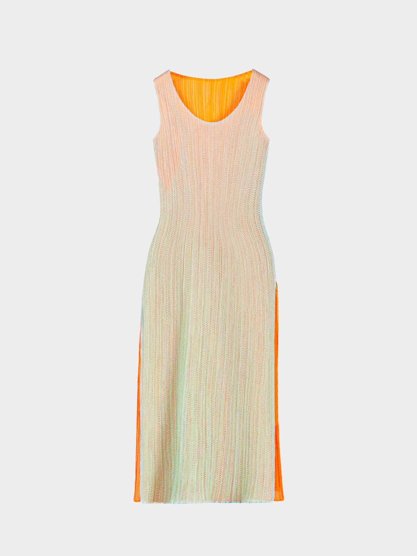 Issey Miyake Pleats Please 2000s Fluorescent Green and Orange Mesh Overlay Dress