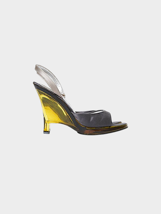 Prada SS 1998 Silver Metallic Leather and Yellow Plexiglass Heels