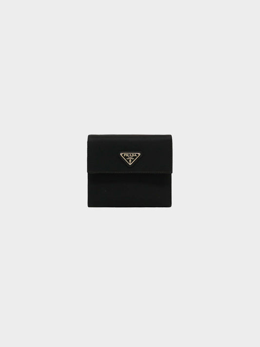 Prada 2010s Black Nylon and Saffiano Leather Logo Tri-fold Wallet