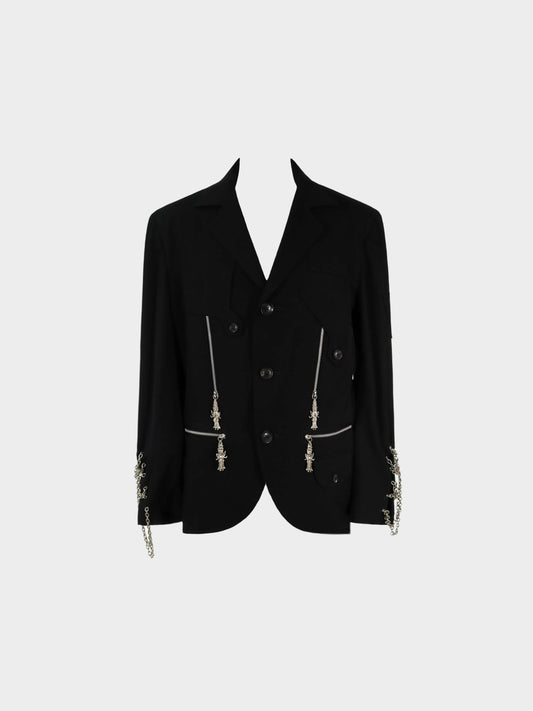 Yohji Yamamoto SS 2018 POUR HOMME Black Wool Zipper and Chain Embellished Blazer