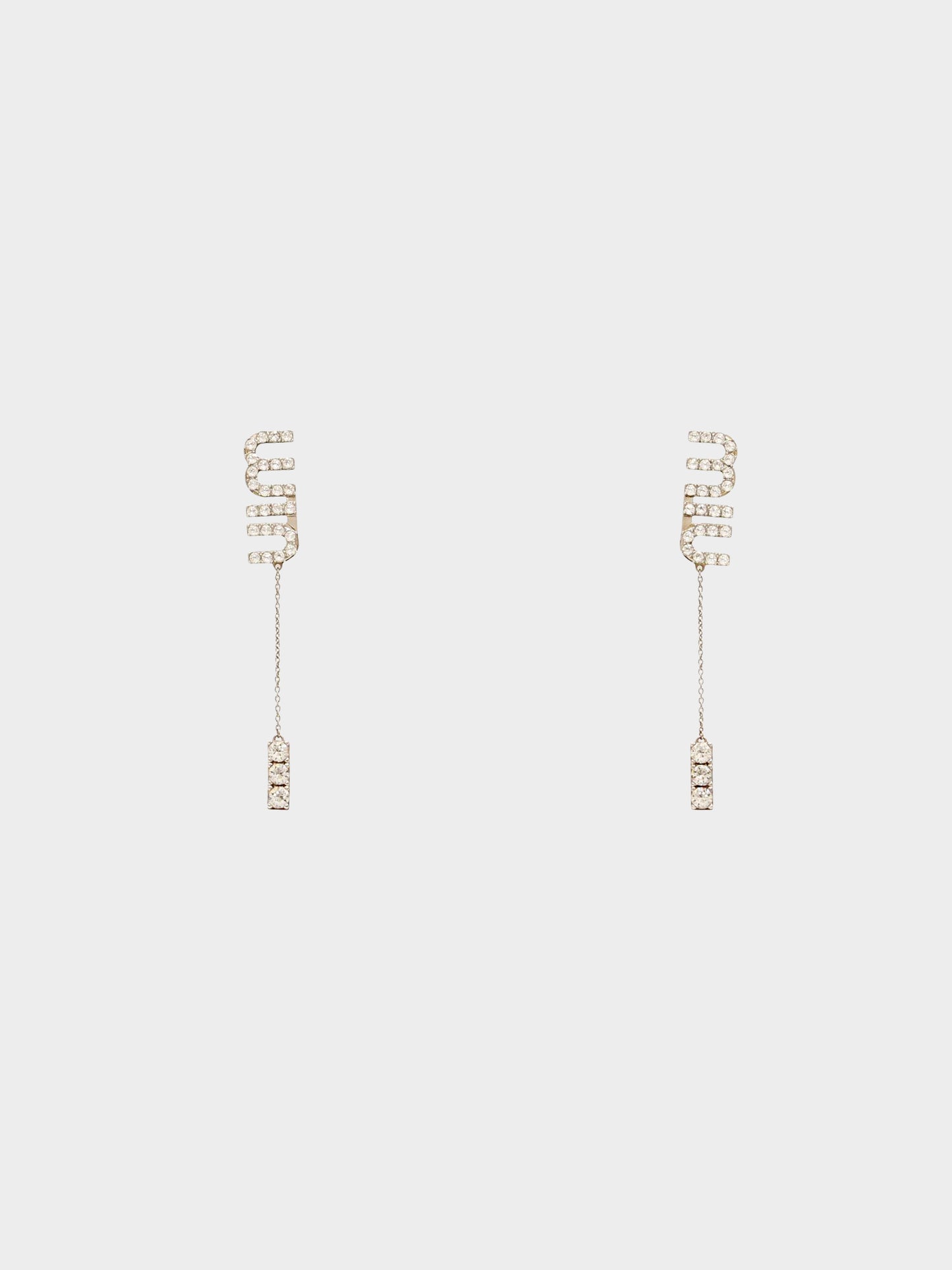 Miu Miu 2020s Silver Crystal Embellished Logo and Pendant Hanging Earrings